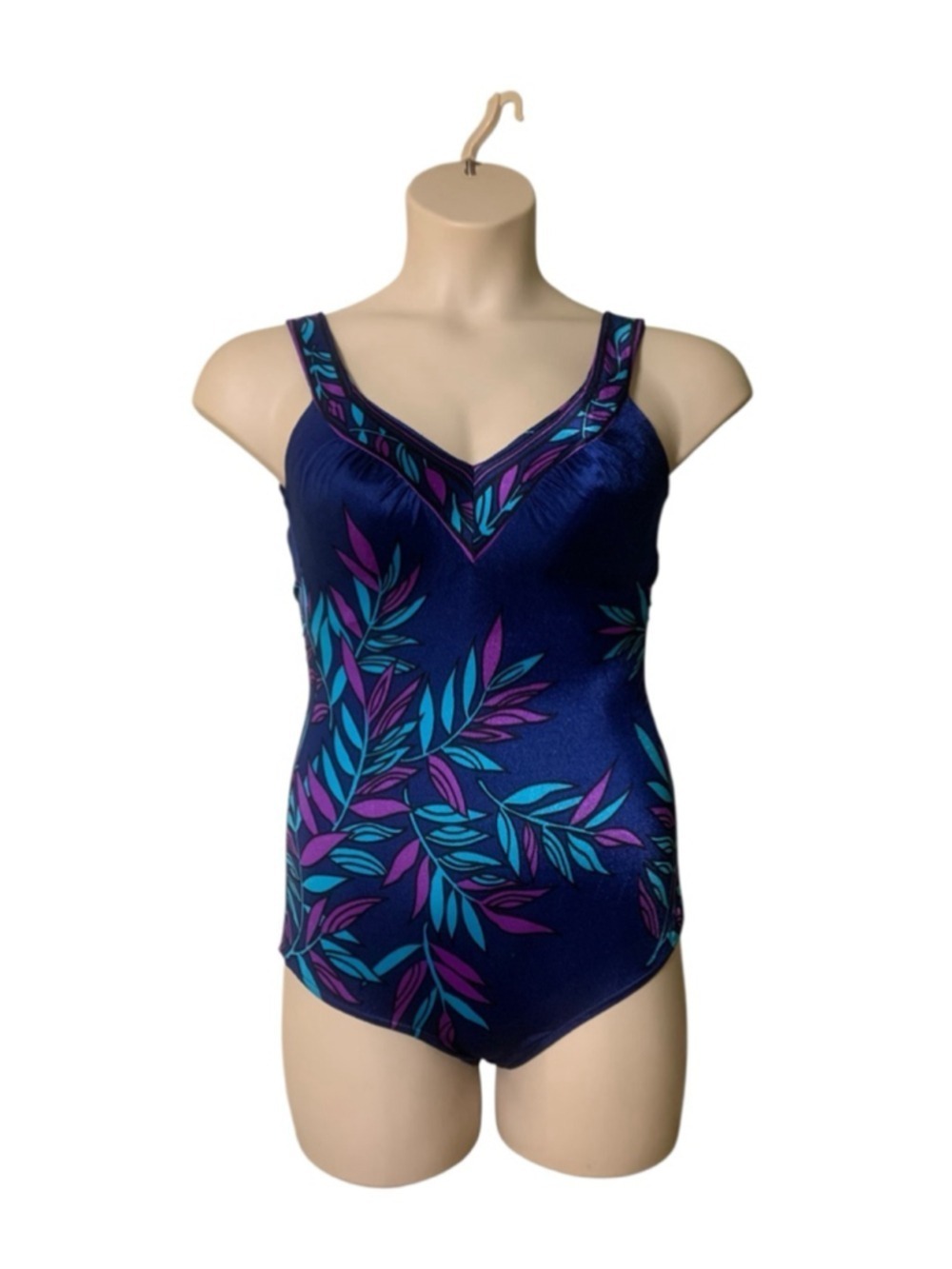 Vntg 70’s Maxine of Hollywood Blue Purple Leaf One Piece Swimsuit Size 12